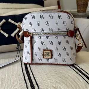 Dooney & Bourke White Monogram Dome Crossbody with Brown Trim